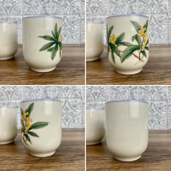 Vintage Japanese Tea Cups, Set of 4, Asian Floral, Saki Cups, Handleless Mugs - Picture 4 of 10